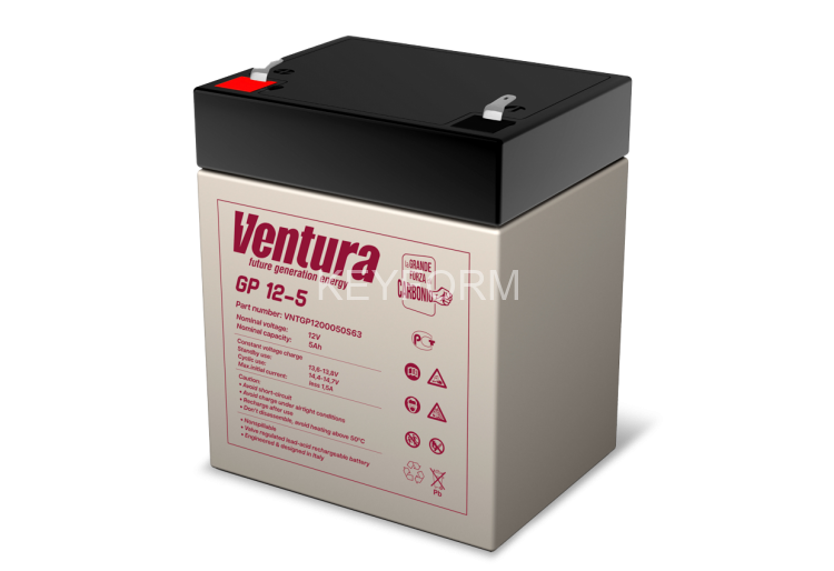 Батарея Ventura серия GP, GP12-5, напряжение 12B, емкость 5Ач (разряд 20 часов), макс. ток заряда 1.5А, свинцово-кислотная типа AGM, клеммы T2, ДШВ 90х70х107мм, вес 1.65кг Ventura АКБ GP12-5