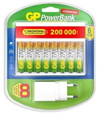 Зарядное устройство для АА и ААА аккумуляторов.В комплекте 8 аккумулятора GP АА2700 + USB адаптер GP 4610116204108