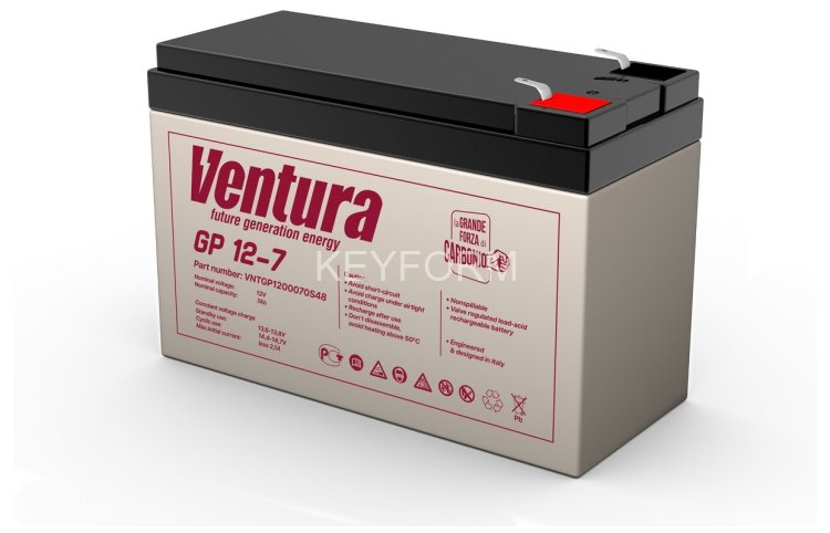 Батарея Ventura серия GP, GP12-7, напряжение  12B, емкость 7Ач (разряд 20 часов), макс. ток заряда 1.8А,  свинцово-кислотная типа AGM,  клеммы  T2, ДШВ  151х65х100мм, вес 2.04кг Ventura АКБ GP12-7