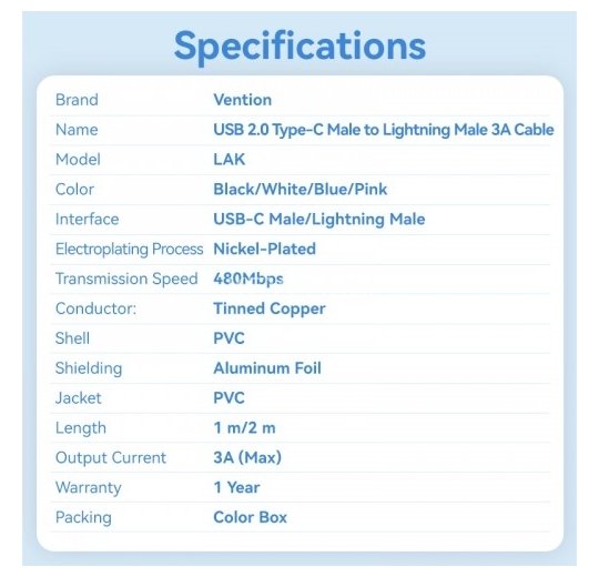 Кабель Vention USB 2.0 CM/Lightning 8M для iPad/iPhone 3A - 1м. Белый Vention LAKWF