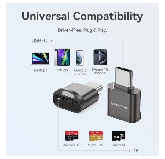 Картридер Vention OTG USB 2.0 CM / MicroSD - Серый Vention CLMH0