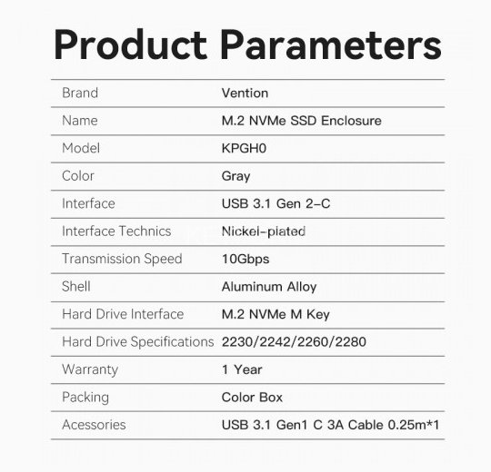 Корпус для SSD Vention USB 3.1 Gen 2-C M.2 NVMe Серый Vention KPGH0