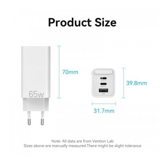 Сетевое зарядное устройство Vention на 3 порта 65W USB (C+C+A) 2.4A Белый Vention FEDW0-EU