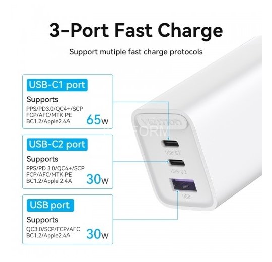 Сетевое зарядное устройство Vention на 3 порта 65W USB (C+C+A) 2.4A Белый Vention FEDW0-EU