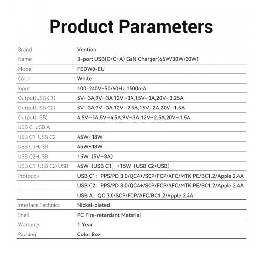Сетевое зарядное устройство Vention на 3 порта 65W USB (C+C+A) 2.4A Белый Vention FEDW0-EU