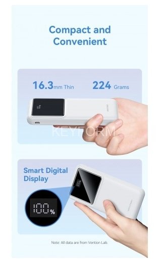 Power Bank Vention 10000mAh(M/C-A/A)22.5W Белый с LED Дисплеем Vention FHKW0