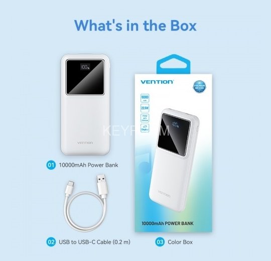 Power Bank Vention 10000mAh(M/C-A/A)22.5W Белый с LED Дисплеем Vention FHKW0