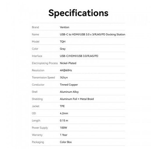 Мультифункциональный хаб Vention USB Type C 6 в 1 Vention TQHHB