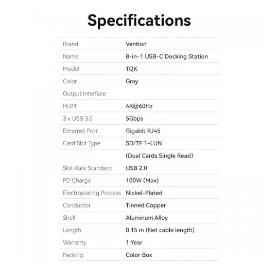 Мультифункциональный хаб Vention USB Type C 8 в 1 Vention TQKHB