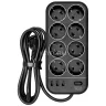 Фильтр-удлинитель PowerCom SP-08 USB03AB 1.8M, 8 розеток, черный, 16А, 4кВт, 175Дж, 3*USB, защитные шторки, защита от КЗ, перегрузки, ВЧ и импульсных помех, кабель 3x1 мм2, ШхГхВ 230х105х45 мм, вес 0.55 кг. Powercom SP-08 USB03AB 1.8M