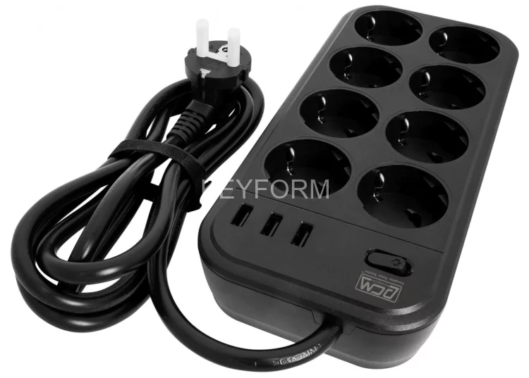 Фильтр-удлинитель PowerCom SP-08 USB03AB 1.8M, 8 розеток, черный, 16А, 4кВт, 175Дж, 3*USB, защитные шторки, защита от КЗ, перегрузки, ВЧ и импульсных помех, кабель 3x1 мм2, ШхГхВ 230х105х45 мм, вес 0.55 кг. Powercom SP-08 USB03AB 1.8M