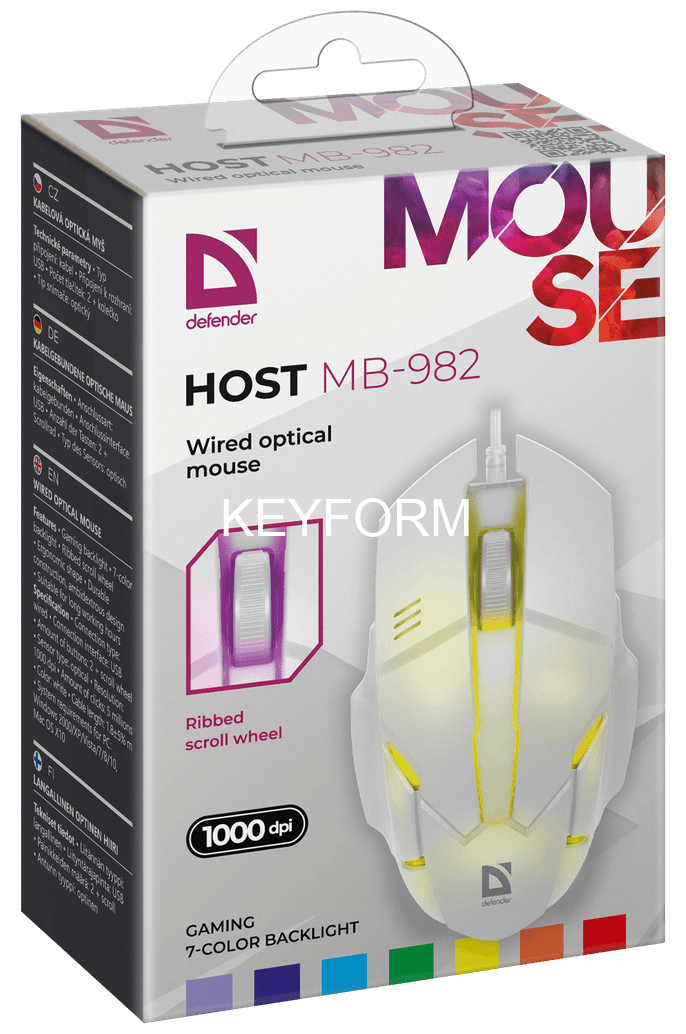 Defender Проводная оптическая мышь Host MB-982 7цветов,1000 dpi,белый Defender 52983