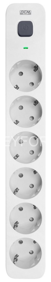 Фильтр-удлинитель PowerCom SP-06W 5.0M, 6 розеток, белый, 16А, 4кВт, 380Дж, защитные шторки, защита от КЗ, перегрузки, ВЧ и импульсных помех, кабель 3x1.5 мм2, ШхГхВ 338.5х50х40.2 мм, вес 0.82 кг. Powercom SP-06W 5.0M