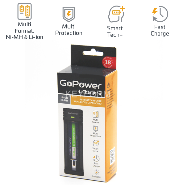 З/У для аккумуляторов GoPower LiCharger 2 Ni-MH/Ni-Cd/Li-ion/IMR 1 слот (1/100) З/У для аккумуляторов GoPower LiCharger 2 (00-00015361)