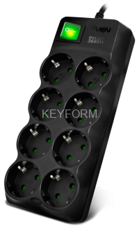 Сетевой фильтр SVEN SF-08E-16 (3 м 8 розеток с защитными шторками,16А) черный, цветная коробка Sven SV-021610