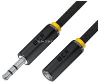 GCR Удлинитель аудио 5.0m jack 3,5mm/jack 3,5m нейлон, черный, желтая окантовка, ультрагибкий, 28 AWG, M/F, Premium GCR-STM8114-5.0m, экран, стерео Greenconnect GCR-STM8114-5.0m