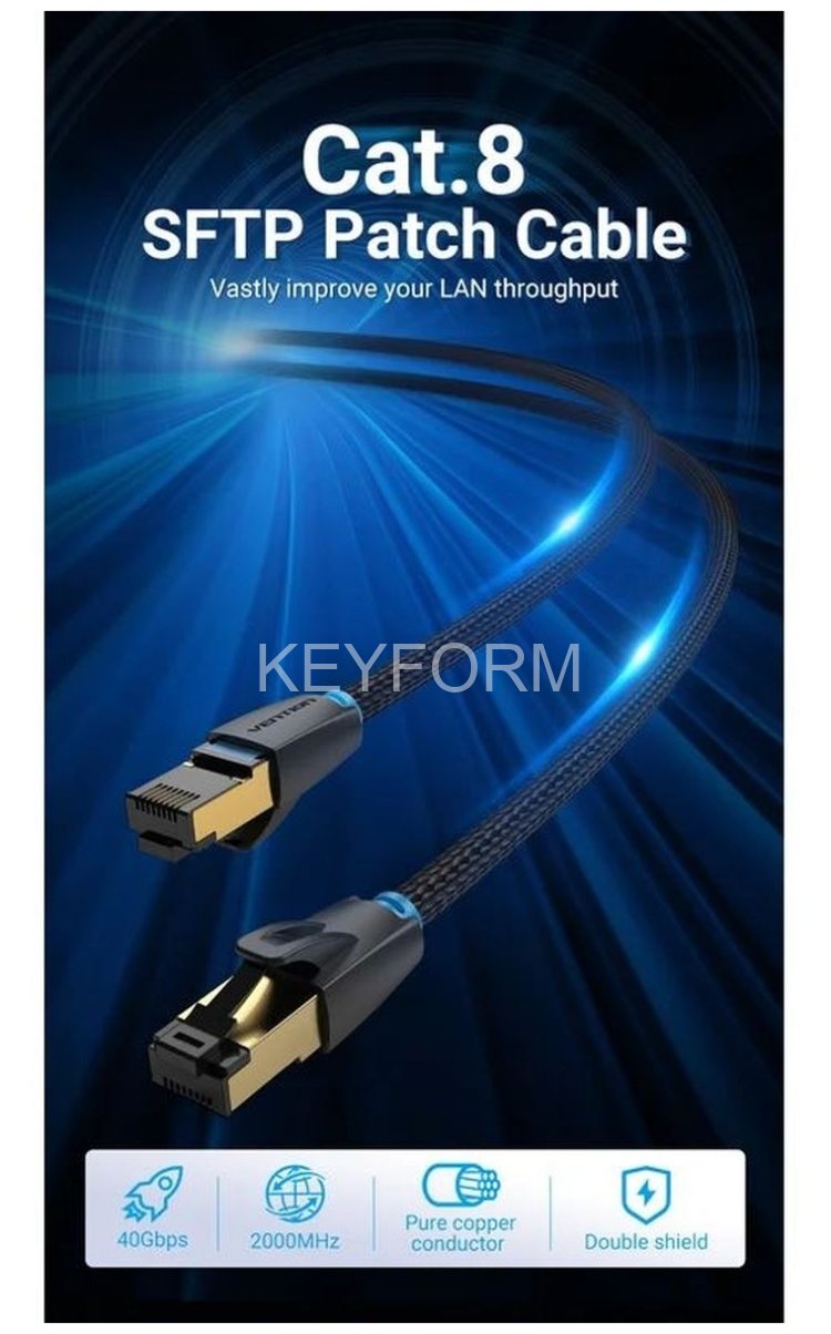 Патч-корд Vention прямой SFTP cat.8 RJ45 - 3м. Черный Тканевая оплетка Vention IKGBI