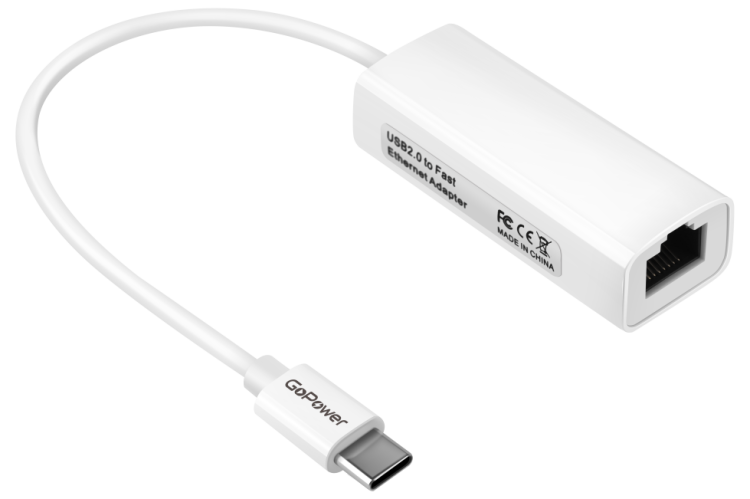 Адаптер GoPower Type-C (m)-RJ-45 (f) 100 мб/с белый (1/100) GoPower 00-00029633