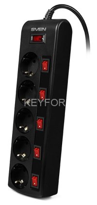 Фильтр SVEN SF-05PL с индивидуальными выключателями 3,0 м (5 розеток) черный SVEN SF-05PL (3 м, 5 розеток)