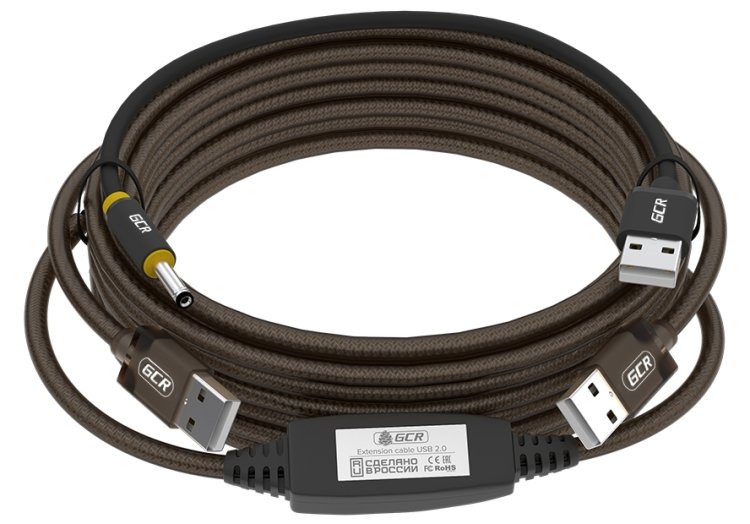 GCR Кабель активный 20.0m USB 2.0, AM/AM, черно-прозрачный, с усилителем сигнала, разъём для доп.питания, 24/22 AWG, GCR-53790 Greenconnect GCR-53790