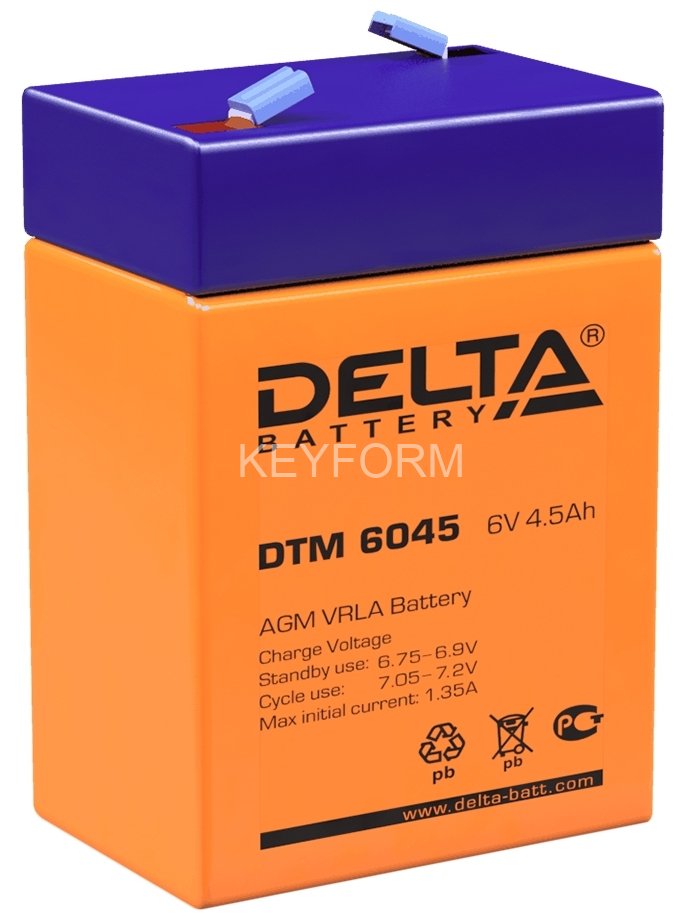 Батарея DELTA серия DTM, DTM 6045, напряжение 6В, емкость 4.5Ач (разряд 20 часов), макс. ток разряда (5 сек.) 67.5А, макс. ток заряда 1.32А, свинцово-кислотная типа AGM, клеммы F1, ДxШxВ 70х47х101мм., вес 0.78кг., срок службы 6 лет. Delta DTM 6045 (6V /