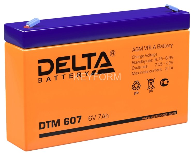 Батарея DELTA серия DTM, DTM 607, напряжение 6В, емкость 7Ач (разряд 20 часов), макс. ток разряда (5 сек.) 105А, макс. ток заряда 2.04А, свинцово-кислотная типа AGM, клеммы F1, ДxШxВ 151х34х94мм., вес 1.2кг., срок службы 6 лет. Delta DTM 607 (6V / 7Ah)