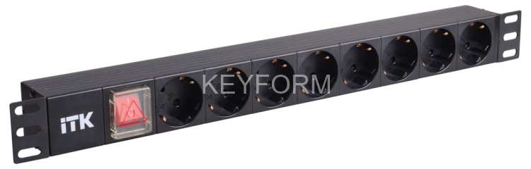 PDU 8 розеток нем. стандарт, с LED выключателем,1U, без шнура, вх. C14, алюминиевый профиль ITK PH12-8D3