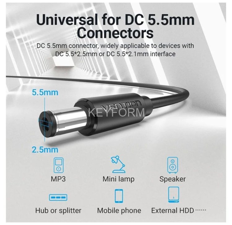 Кабель Vention USB AM/DC-jack 5.5мм M - 1.5м Чёрный Vention CEYBG