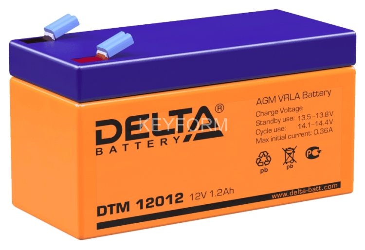 Батарея DELTA серия DTM, DTM 12012, напряжение 12В, емкость 1.2Ач (разряд 20 часов), макс. ток разряда (5 сек.) 18А, макс. ток заряда 0.36А, свинцово-кислотная типа AGM, клеммы F1, ДxШxВ 97х43х52мм., вес 0.61кг., срок службы 6 лет. Delta DTM 12012 (12V /
