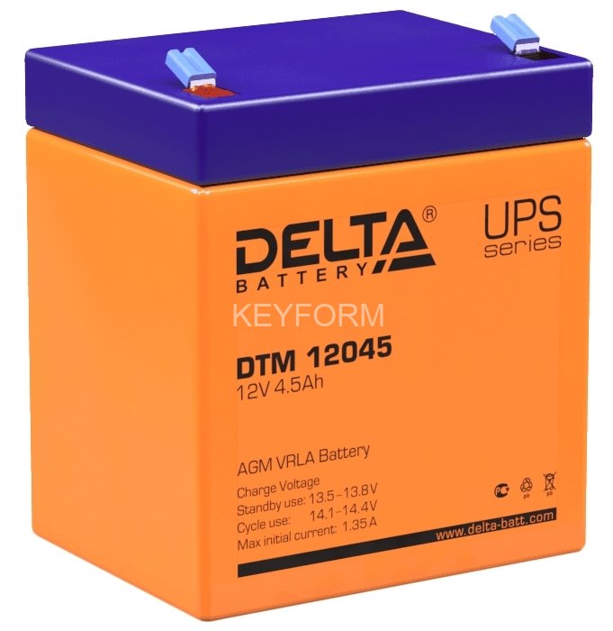 Батарея DELTA серия DTM, DTM 12045, напряжение 12В, емкость 4.5Ач (разряд 20 часов), макс. ток разряда (5 сек.) 67.5А, макс. ток заряда 1.35А, свинцово-кислотная типа AGM, клеммы F1, ДxШxВ 90х70х101мм., вес 1.6кг., срок службы 6 лет. Delta UPS DTM 12045