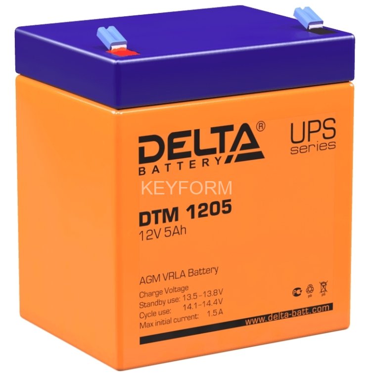 Батарея DELTA серия DTM, DTM 1205, напряжение 12В, емкость 5Ач (разряд 20 часов), макс. ток разряда (5 сек.) 75А, макс. ток заряда 1.5А, свинцово-кислотная типа AGM, клеммы F2, ДxШxВ 90х70х101мм., вес 1.8кг., срок службы 6 лет. Delta UPS DTM 1205 (12V /