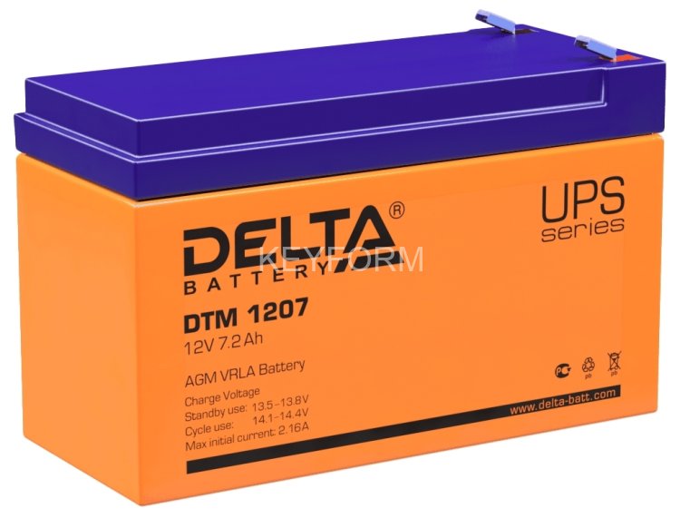 Батарея DELTA серия DTM, DTM 1207, напряжение 12В, емкость 7.2Ач (разряд 20 часов), макс. ток разряда (5 сек.) 105А, макс. ток заряда 2.1А, свинцово-кислотная типа AGM, клеммы F2, ДxШxВ 151х65х94мм., вес 2.4кг., срок службы 6 лет. Delta UPS DTM 1207 (12V