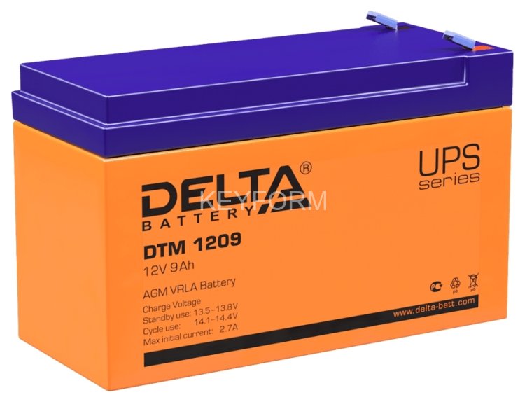 Батарея DELTA серия DTM, DTM 1209, напряжение 12В, емкость 9Ач (разряд 20 часов), макс. ток разряда (5 сек.) 105А, макс. ток заряда 2.55А, свинцово-кислотная типа AGM, клеммы F2, ДxШxВ 151х65х94мм., вес 2.65кг., срок службы 6 лет. Delta UPS DTM 1209 (12V