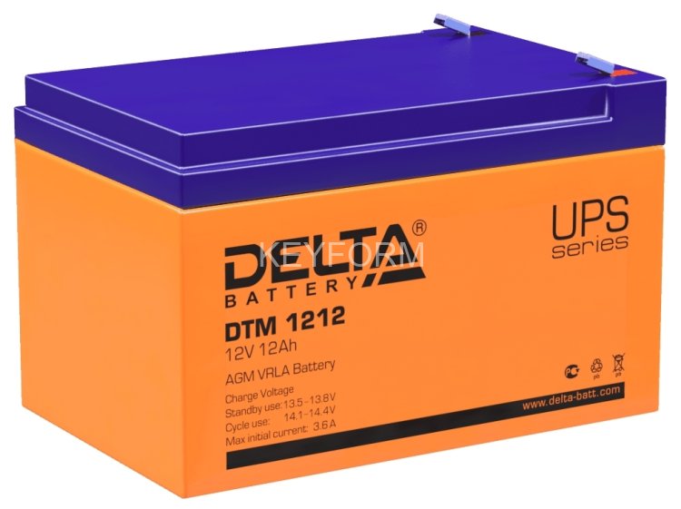Батарея DELTA серия DTM, DTM 1212, напряжение 12В, емкость 12Ач (разряд 20 часов), макс. ток разряда (5 сек.) 180А, макс. ток заряда 3.6А, свинцово-кислотная типа AGM, клеммы F2, ДxШxВ 151х98х95мм., вес 3.8кг., срок службы 6 лет. Delta UPS DTM 1212 (12V