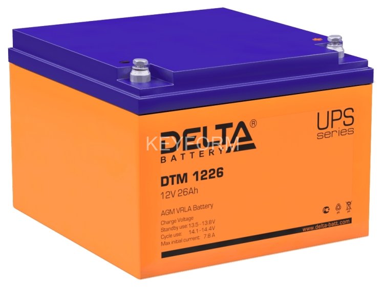 Батарея DELTA серия DTM, DTM 1226, напряжение 12В, емкость 26Ач (разряд 20 часов), макс. ток разряда (5 сек.) 300А, макс. ток заряда 7.8А, свинцово-кислотная типа AGM, клеммы под болт М5, ДxШxВ 166х175х125мм., вес 9кг., срок службы 6 лет. Delta UPS DTM 1