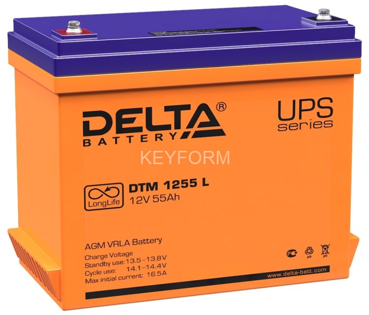 Батарея DELTA серия DTM L, DTM 1255 L, напряжение 12В, емкость 55Ач (разряд 10 часов), макс. ток разряда (5 сек.) 550А, макс. ток заряда 16.5А, свинцово-кислотная типа AGM, клеммы под болт М6, ДxШxВ 239х132х205мм., вес 16.2кг., срок службы 10-12 лет. Del