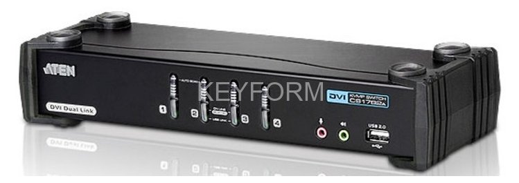 Переключатель, электрон., KVM+Audio+USB 2.0,  1 user USB+DVI =>  4 cpu USB+DVI, со шнурами USB 4х1.8м., 2560x1600 60Hz DVI-D Dual Link/2048x1536 DVI-A, настол., исп.стандартШнуры, без OSD, некаскад. ATEN CS1784A