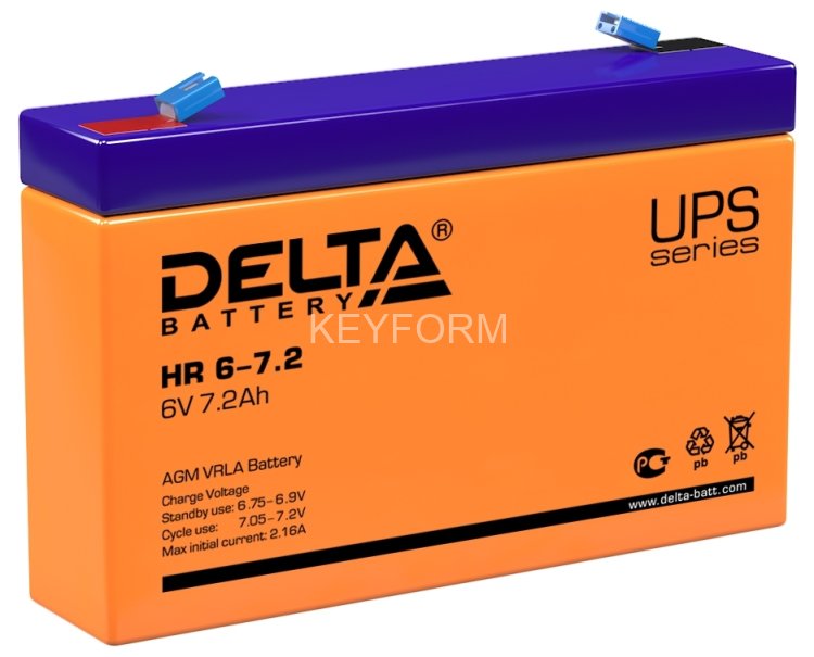 Батарея DELTA серия HR, HR 6-7,2, напряжение 6В, емкость 7.2Ач (разряд 20 часов), макс. ток разряда (5 сек.) 108А, макс. ток заряда 2.1А, свинцово-кислотная типа AGM, клеммы F1, ДxШxВ 151х34х94мм., вес 1.28кг., срок службы 8 лет. Delta UPS HR 6-7.2 (6V /