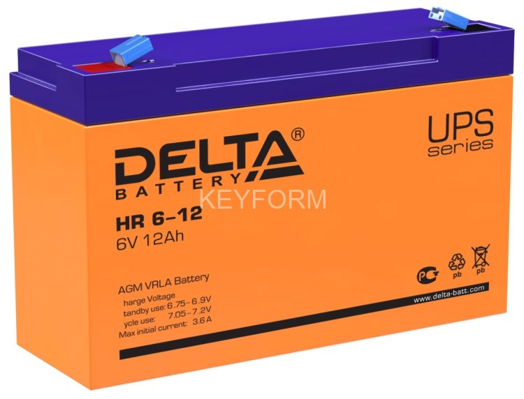 Батарея DELTA серия HR, HR 6-12, напряжение 6В, емкость 12Ач (разряд 20 часов), макс. ток разряда (5 сек.) 175А, макс. ток заряда 3.6А, свинцово-кислотная типа AGM, клеммы F1, ДxШxВ 151х50х94мм., вес 1.85кг., срок службы 8 лет. Delta UPS HR 6-12 (6V / 12