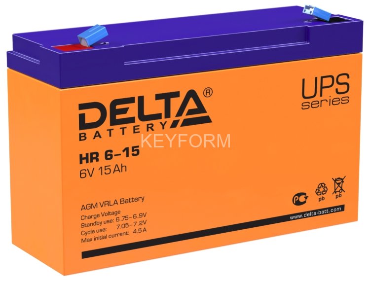 Батарея DELTA серия HR, HR 6-15, напряжение 6В, емкость 15Ач (разряд 20 часов), макс. ток разряда (5 сек.) 180А, макс. ток заряда 4.5А, свинцово-кислотная типа AGM, клеммы F1, ДxШxВ 151х50х94мм., вес 1.95кг., срок службы 8 лет. Delta UPS HR 6-15 (6V / 15