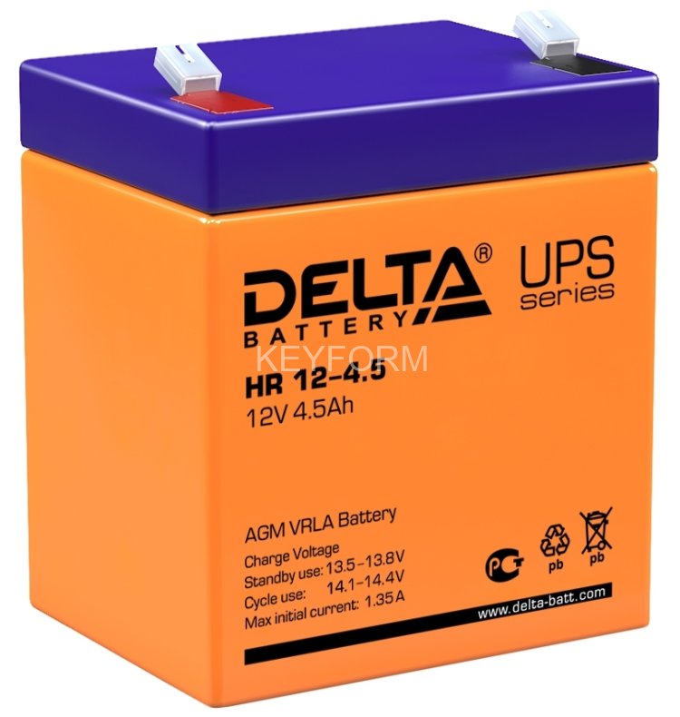 Батарея DELTA серия HR, HR 12-4,5, напряжение 12В, емкость 4.5Ач (разряд 20 часов), макс. ток разряда (5 сек.) 67.5А, макс. ток заряда 1.35А, свинцово-кислотная типа AGM, клеммы F1, ДxШxВ 90х70х101мм., вес 1.75кг., срок службы 8 лет. Delta UPS HR 12-4.5