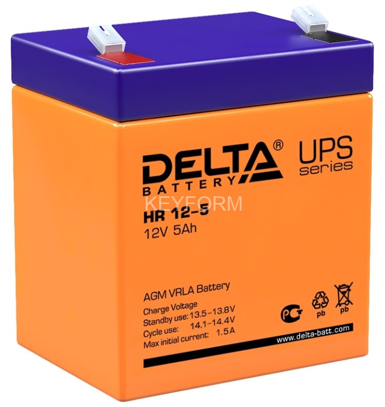 Батарея DELTA серия HR, HR 12-5, напряжение 12В, емкость 5Ач (разряд 20 часов), макс. ток разряда (5 сек.) 75А, макс. ток заряда 1.5А, свинцово-кислотная типа AGM, клеммы F2, ДxШxВ 90х70х101мм., вес 1.8кг., срок службы 8 лет. Delta UPS HR 12-5 (12V / 5Ah