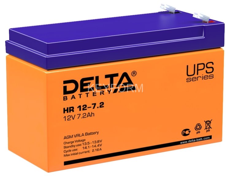 Батарея DELTA серия HR, HR 12-7,2, напряжение 12В, емкость 7.2Ач (разряд 20 часов), макс. ток разряда (5 сек.) 105А, макс. ток заряда 2.16А, свинцово-кислотная типа AGM, клеммы F2, ДxШxВ 151х65х94мм., вес 2.5кг., срок службы 8 лет. Delta UPS HR 12-7.2 (1