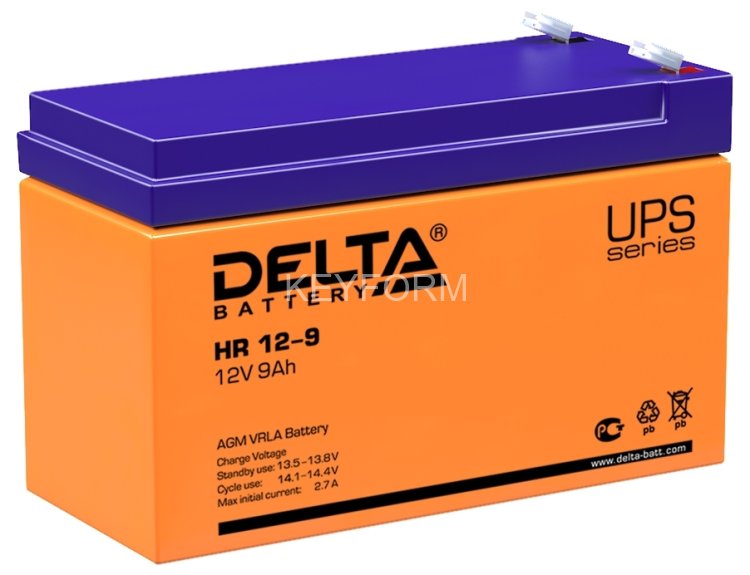 Батарея DELTA серия HR, HR 12-9, напряжение 12В, емкость 9Ач (разряд 20 часов), макс. ток разряда (5 сек.) 135А, макс. ток заряда 2.7А, свинцово-кислотная типа AGM, клеммы F2, ДxШxВ 151х65х94мм., вес 2.78кг., срок службы 8 лет. Delta UPS HR 12-9 (12V / 9