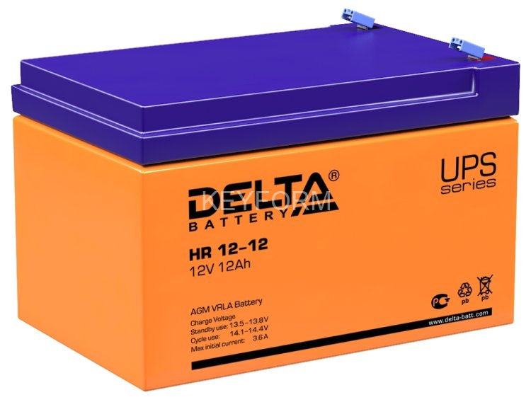 Батарея DELTA серия HR, HR 12-12, напряжение 12В, емкость 12Ач (разряд 20 часов), макс. ток разряда (5 сек.) 180А, макс. ток заряда 3.6А, свинцово-кислотная типа AGM, клеммы F2, ДxШxВ 151х98х95мм., вес 3.72кг., срок службы 8 лет. Delta UPS HR 12-12 (12V