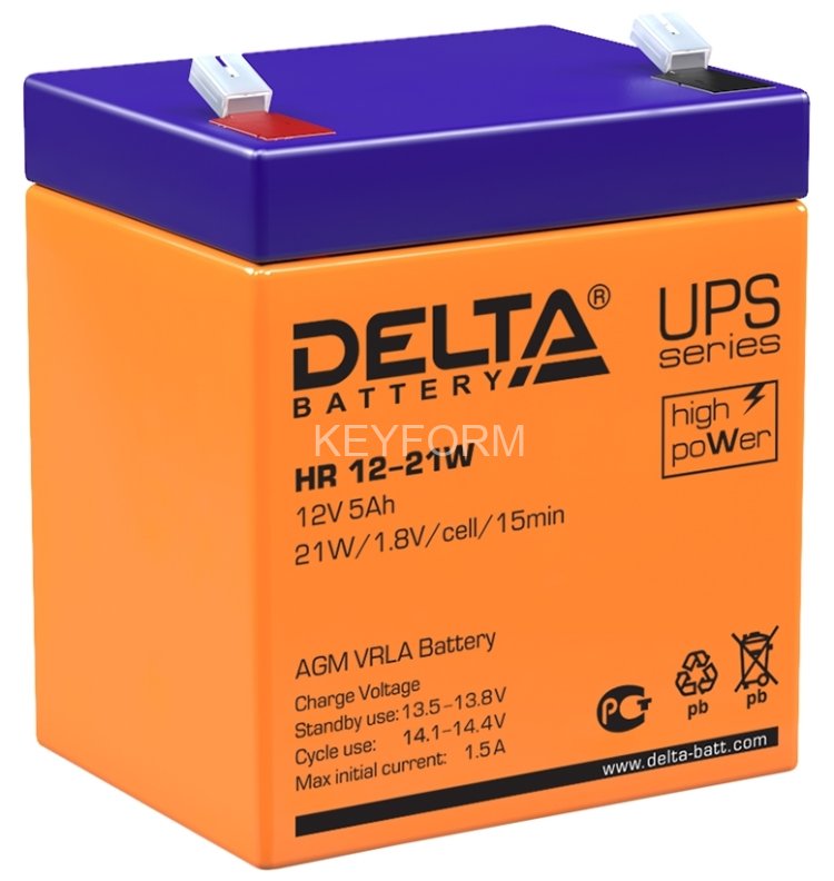 Батарея DELTA серия HR-W, HR 12-21 W, напряжение 12В, емкость 5Ач (разряд 20 часов), макс. ток разряда (5 сек.) 75А, макс. ток заряда 1.5А, свинцово-кислотная типа AGM, клеммы F2, ДxШxВ 90х70х101мм., вес 1.8кг., срок службы 8 лет. Delta UPS HR 12-21 W (1