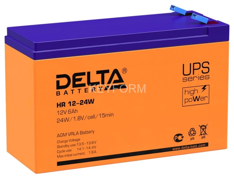 Батарея DELTA серия HR-W, HR 12-24 W, напряжение 12В, емкость 6Ач (разряд 20 часов), макс. ток разряда (5 сек.) 90А, макс. ток заряда 1.8А, свинцово-кислотная типа AGM, клеммы F2, ДxШxВ 151х52х94мм., вес 2.18кг., срок службы 8 лет. Delta UPS HR 12-24 W (