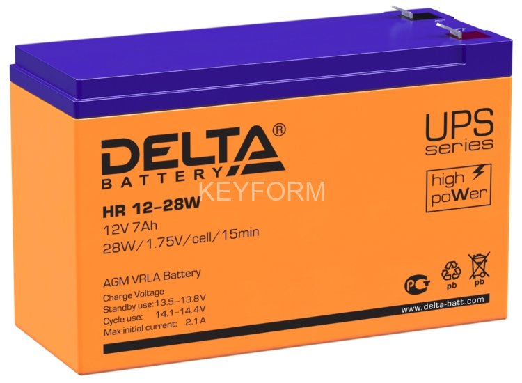 Батарея DELTA серия HR-W, HR 12-28 W, напряжение 12В, емкость 7Ач (разряд 20 часов), макс. ток разряда (5 сек.) 140А, макс. ток заряда 2.1А, свинцово-кислотная типа AGM, клеммы F2, ДxШxВ 151х65х94мм., вес 2.2кг., срок службы 8 лет. Delta HR 12-28 W (12V