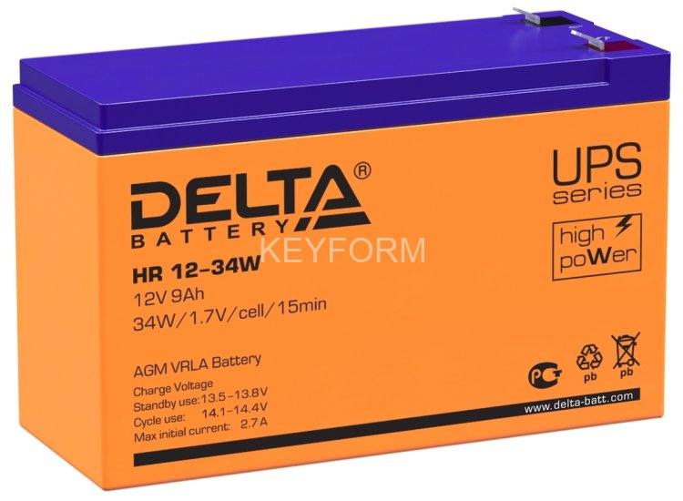 Батарея DELTA серия HR-W, HR 12-34 W, напряжение 12В, емкость 9Ач (разряд 20 часов), макс. ток разряда (5 сек.) 160А, макс. ток заряда 2.7А, свинцово-кислотная типа AGM, клеммы F2, ДxШxВ 151х65х94мм., вес 2.62кг., срок службы 8 лет. Delta HR 12-34 W (12V
