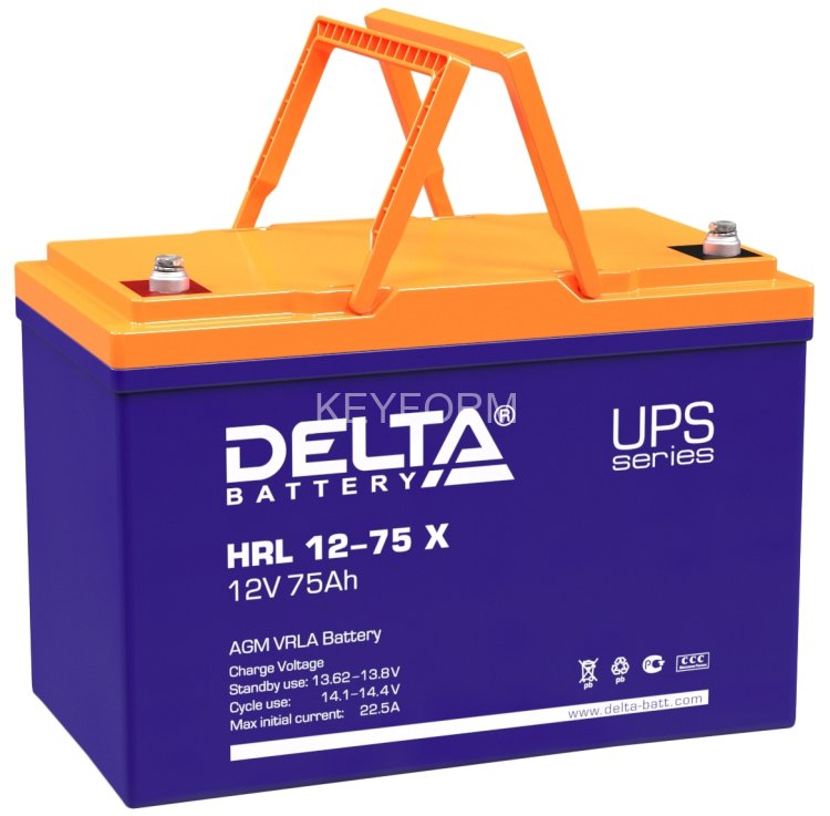 Батарея DELTA серия HRL-X, HRL 12-75 X, напряжение 12В, емкость 75Ач (разряд 10 часов), макс. ток разряда (5 сек.) 700А, макс. ток заряда 22.5А, свинцово-кислотная типа AGM, клеммы под болт М6, ДxШxВ 258х166х210мм., вес 23.8кг., срок службы 12 лет. Delta
